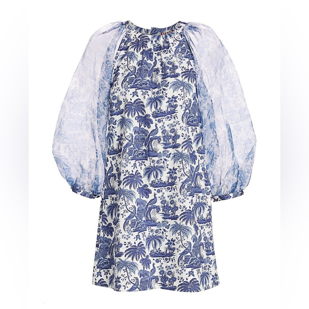 STAUD garden dress -beautiful blue Toile print and full bell sleeve